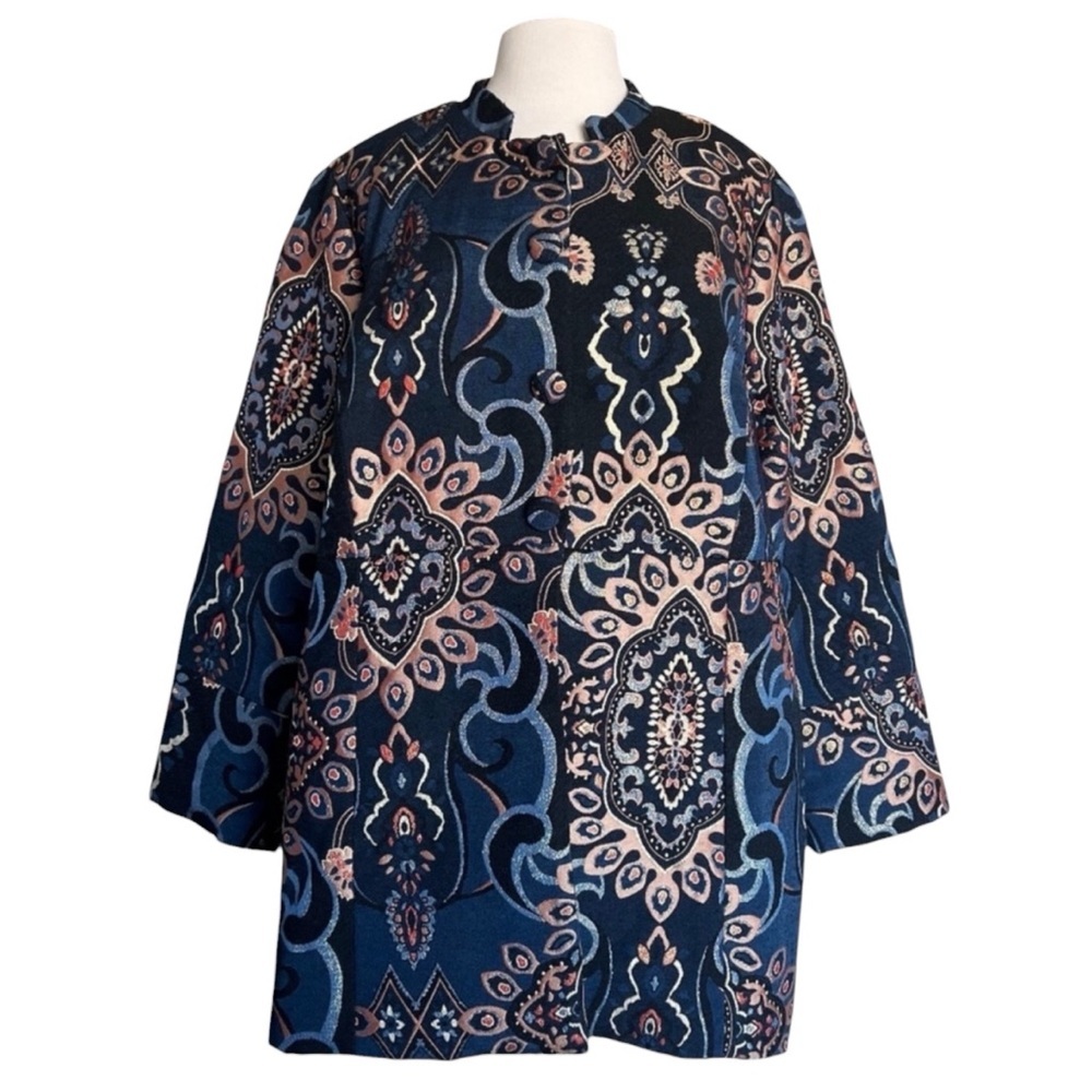 Chico’s Jacquard Mandarin Collar Paisley Whimsical Duster Jacket Size 2 NWOT